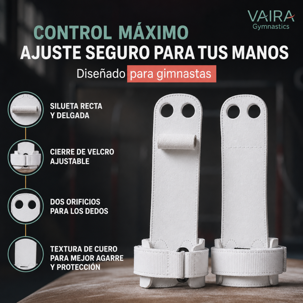 Detalles del guante Vaira: silueta recta, velcro ajustable, dos orificios y textura de cuero