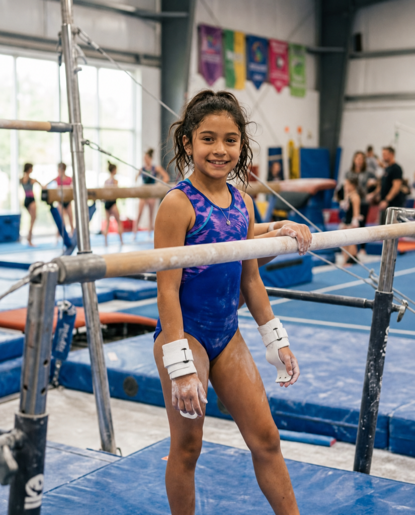 Gimnasta en las barras asimétricas con guantes Vaira